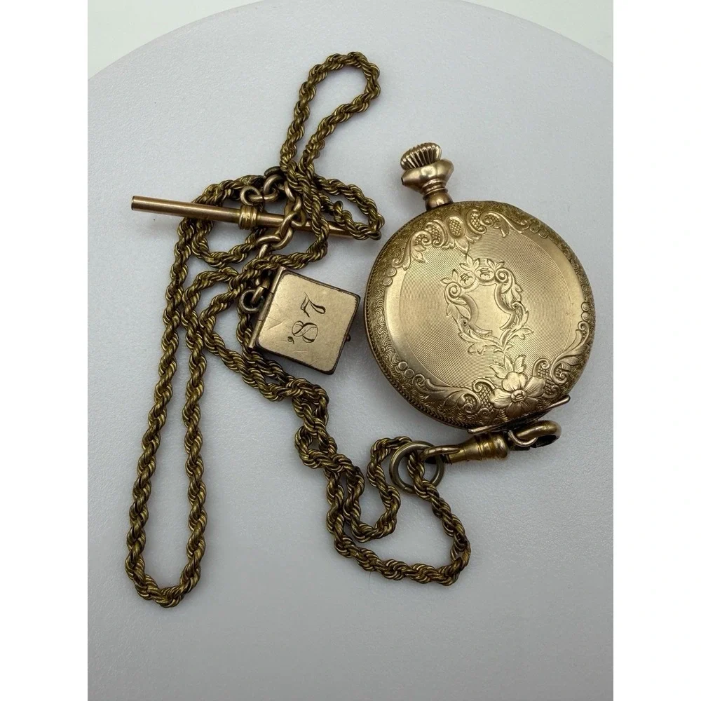Antique Ideal USA Pocket Watch Gold Filled Chain Fob Running 40.84g